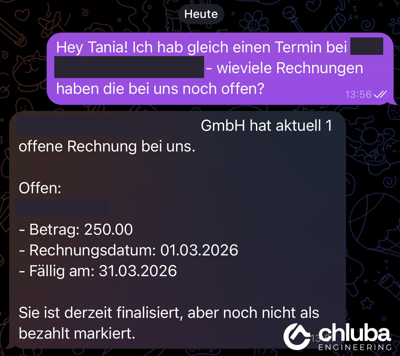 Tanja beantwortet Frage zu offenen Rechnungen vor einem Kundentermin