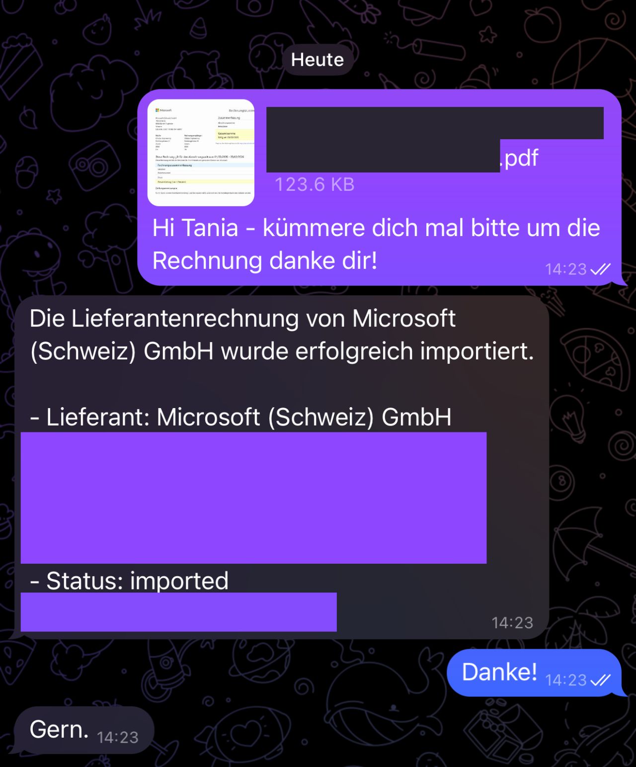 Tanja bucht eine Lieferantenrechnung nach PDF-Eingang automatisch ein